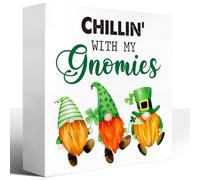 KOPUTE St Patricks Day for The Home,Chillin' with My Gnomies Wood Block Plaque Box Sign Room Office Desk Table Decor,Irish St.Patrick's Day Wooden Box Decor 7 x 7 Inches