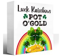 KOPUTE St Patricks Day for The Home,Luck Rainbows Pot O‘Gold Wood Block Plaque Box Sign Room Office Desk Table Decor,Irish St.Patrick's Day Wooden Box Decor 5 x 5 Inches