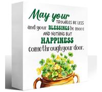 KOPUTE St Patricks Day for The Home,May Your Troubles Be Less Wood Block Plaque Box Sign Room Office Desk Table Decor,Irish St.Patrick's Day Wooden Box Decor 7 x 7 Inches