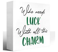 KOPUTE St Patricks Day for The Home,Who Needs Luck with All This Charm Wood Block Plaque Box Sign Room Office Desk Table Decor,Irish St.Patrick's Day Wooden Box Decor 7 x 7 Inches