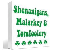 KOPUTE St Patrick's Day Wooden Box Sign,Funny St Patricks Decoration,Clover Themed Shenanigans Malarkey Wood Block Plaque Box Sign for St.Patrick's Day Holiday Party Desk Decor 7 x 7 Inches