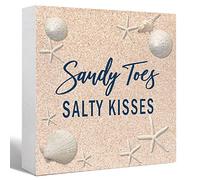 KOPUTE Summer Beach Theme Wood Box Sign Sandy Toes Salty Kisses Starfish Wooden Block Sign Desk Décor for Home Bedroom Office Desk Cubicle Tabletop Décor,Summer Beach Sign Decor 5 x 5 Inches