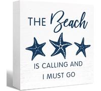KOPUTE Summer Beach Theme Wood Box Sign The Beach is Calling and I Must Go Starfish Wooden Block Sign Desk Decor for Home Bedroom Office Desk Cubicle Tabletop Decor 5 x 5 Inches