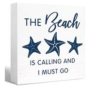 KOPUTE Summer Beach Theme Wood Box Sign The Beach is Calling and I Must Go Starfish Wooden Block Sign Desk Décor for Home Bedroom Office Desk Cubicle,Summer Beach Sign Decor 5 x 5 Inches