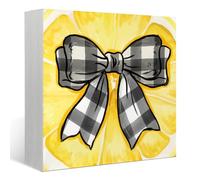 KOPUTE Summer Yellow Decor, Bow Decor, Summer Lemon Decor,Buffalo Check Bowknot Wooden Sign Decoration for Farmhouse Shelf Tray Decor, Spring Tray Decor 7 x 7 Inches