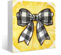KOPUTE Summer Yellow Decor, Bow Decor, Summer Lemon Decor,Buffalo Check Bowknot Wooden Sign Decoration for Farmhouse Shelf Tray Decor, Spring Tray Decor 5 x 5 Inches