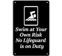 KOPUTE Swimming Pool Metal Tin Sign,Swim at Your Own Risk No Lifeguard is on Duty Man Cave Decor Pool Rules Signs Home Bar Kitchen Coffee Man Cave Garage Wall Decor Art Tin Sign 12x16 Inch