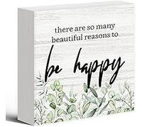 KOPUTE There Are So Many Beautiful Reasons to Be Happy Wood Box Sign Desk Decor,Funny Spring Inspirational Wooden Block Sign for Home office Wall Tabletop Shelf Decor 7 x 7 Inches