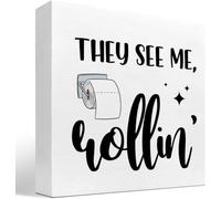 KOPUTE They See Me Rollin' Funny Bathroom Wood Block Sign Desk Decor,Rustic Toilet Paper Roll Wooden Box Plaque Sign Desk Decor for Home Office Restroom Toilet Shelf Table 5 x 5 Inches
