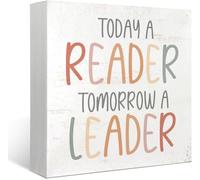 KOPUTE Today is Reader Tomorrow a Leader Wood Box Sign Desk Decor Rustic Boho Wooden Box Block Sign for Home Kids Room Reading Room Nursery Classroom Wall Tabletop Desk Decor 7 x 7 Inches