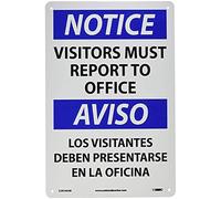 KOPUTE Warning Sign Bilingual, Notice Visitors Must Report to Office Black Blue on White Sign Business Sign Home Bar Kitchen Coffee Man Cave Garage Wall Decor Art Tin Sign 12x16 Inch