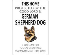 KOPUTE Warning Tin Sign This Home Protected By The Good Lord German Shepherd Dog Vintage Wall Hanging Decor Home Bar Kitchen Coffee Man Cave Garage Wall Decor Art Tin Sign 8x12 Inch