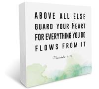 KOPUTE Watercolour Bible Verse Wood Box Sign, Above All else Guard Your Heart Proverbs 4 23 Christian Wood Box Sign Block Plaque, Home Office Desk Shelf Sign Decoration 5 x 5 Inches