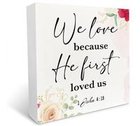 KOPUTE We Love Because He First Loved Us 1 John 419 Wood Box Sign, Bible Verses Decor, Christian Decor Square Rustic Desk Block Signs, Scripture Wall Decor, 7 x 7 Inches