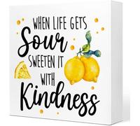 KOPUTE When Life Gets Sour Sweeten It with Kindness Inspirational Sign Desk Decor,Farmhouse Fruit Lemon Wood Block Sign Desk Decor for Country Home Kitchen Farm 7 x 7 Inches