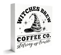 KOPUTE Witches Decor Wooden Box Sign, Witchy Witchcraft Decoration for Home Kitchen Coffee Bar Mystical Wiccan Table Decor, Stirring up Trouble, Witchy Gifts Coffee Lover 5 x 5 Inches