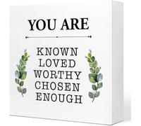 KOPUTE You are Known Loved Worthy Chosen Enough Wooden Sign Desk Decor,Inspirational Positive Wood Block Sign Desk for Home Wo Girl Room Office Decor 5 x 5 Inches
