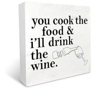KOPUTE You Cook The Food & I'll Drink The Wine Wood Block Plaque Box Sign Desk for Home Bedroom Living Room Office Decor 5 x 5 Inches