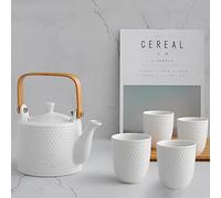 KOPYFANTAP Japanese Ceramic Teapot Set, Bamboo Handle, Strainer, Loose Tea, White, 900ml, 4x180ml Cups