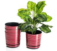 KORAD Set of 4 Red Plant Pots with Stripes 18 cm Decorative Planters 18 cm for Flowers, Herbs, Plant Compositions OSL 18/172 x4
