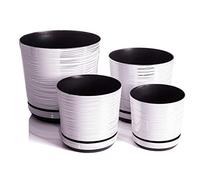 KORAD Set of 4 White with Stripes 16 cm, 18 cm, 21 cm, 26 cm - Decorative Planters in 4 Sizes of 16 cm, 18 cm, 21 cm, 26 cm for Flowers, Herbs, Plant Compositions OSL S4/171