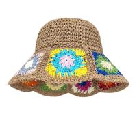 KORADI Women Sun Hats Crochet Granny Square Straw Hat Boho Floral Summer Beach Hats Hollow Out Bucket Hat, Khaki, One Size