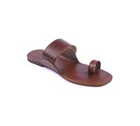 KORAKARI Women's Kolhapuri Chappal Leather Sandals, Handmade, Smooth and Comfortable Flip Flops, Simple Anti-Slip Design, Traditional Shoes, light brown, 8 UK