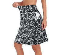 KORALHY 20" Knee Length Skorts Skirts for Women, High Waisted Tennis Athletic Skirt with Zipper Pocket, Grey Leaves, L
