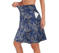 KORALHY 20" Knee Length Skorts Skirts for Women, High Waisted Tennis Athletic Skirt with Zipper Pocket, Navy Blue Flower, 3XL