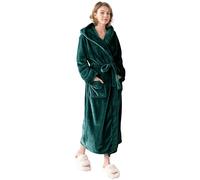 KORBLISS Women's Hooded Long Bathrobe, Silky Soft Lightweight Plush Fleece Robe Warm and Comfy to Wear, Emerald Green, Medium