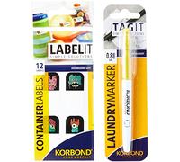Korbond 24 Stick On Container Labels & Clothes Marker Pen Set- Ideal For Marking And Naming Back To School; Lunch Boxes, Water Bottles, Snack Pots, Allergy Markers, Food Labelling, Nursery, Care Homes