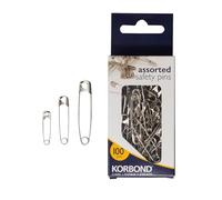 Korbond Safety Pins - 100 Pieces in Assorted Sizes - 2.5cm, 3.5cm & 5cm Pins - Tempered Steel