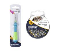 Korbond Seam Ripper & Glass Head Sewing Pins - 12cm Stitch Unpicker & 10g Professional Sewing Pins (Approx. 100pcs) - Large Handled Stitch Unpicker with Comfort Grip & Protective Cap