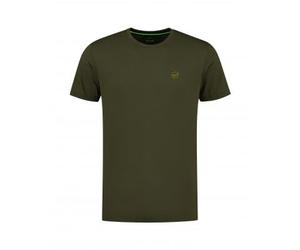 Korda Sunrise Tee Dark Olive Large | Rear Design Orange and Yellow Sunrise, with the Silhouette of a Carp Angler Casting | Cool and Breathable | Suitable for Casual Wear | Cotton, Polyester | KC0247