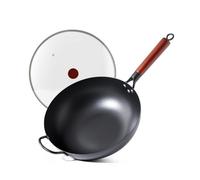 Kordisen 32cm Pre-Seasoned Carbon Steel Wok with Lid, Uncoated | 17cm flat base suits induction, gas, electric and ceramic hobs; a cooking patina develops with regular use and proper care