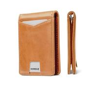 KORDIZ RFID Blocking Slim Bifold Wallet for Men - Genuine Premium Oil-Waxed Leather Front Pocket Wallet with Money Clip, Pull Tab, ID Window & Minimalist Design, Saddle, Bifold Wallet