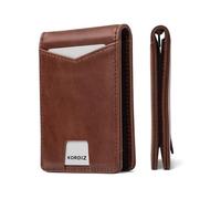 KORDIZ RFID Blocking Slim Bifold Wallet for Men - Genuine Premium Oil-Waxed Leather Front Pocket Wallet with Money Clip, Pull Tab, ID Window & Minimalist Design, Dark Brown, Bifold Wallet