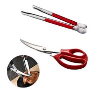 Korean Barbecue Scissors And Tongs Set, Bbq Scissors Bbq Tongs, Stainless Steel Ergonomic Sharp Shears And Clips For Kitchen, Cooking Clips,Pizza Shears For Easy Use (Red)