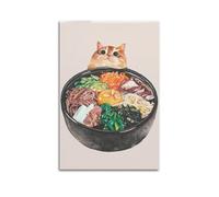 Korean Bibimbap with Cat Peeking (Fun Illustration) Food Poster Decorative Painting Canvas Wall Posters And Modern Family Bedroom Decor 16x24inch(40x60cm)