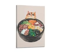 Korean Bibimbap with Cat Peeking (Fun Illustration) Food Poster Decorative Painting Canvas Wall Posters And Modern Family Bedroom Decor 08x12inch(20x30cm)