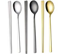 Korean Chopsticks and Spoon Set, Long-handle Reusable Stainless Steel Flat Square Chopsticks and Spoon Flatware（Silver+Gold+Black）, Set of 3.