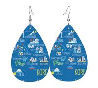 Korean Cities And Landmarks Teardrop Leather Earrings Ladies Print Pendant With Hook Fashion Vintage Party Daily Wear