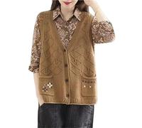 Korean Fashion Hand Knitted Sweater Flower Pocket Spring Summer Womens Waistcoat Knit Cardigan Sleeveless Tops Vintage Vest Khaki