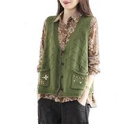 Korean Fashion Hand Knitted Sweater Flower Pocket Spring Summer Womens Waistcoat Knit Cardigan Sleeveless Tops Vintage Vest Green