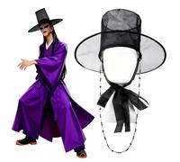 Korean Gat Hat, Black Mesh Joseon Dynasty Traditional Hat with Chains & Ribbon, Kpop Saja Boys Hats Halloween Costume for Men Cosplay Accessories