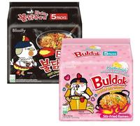Korean Import Hot Chicken Flavour x 5 & Carbo nara Noodles x 5 - Fire Fried Super Hot Spicy PINK & BLACK Noodle - HALAL - By Buldak - VALUE PACK