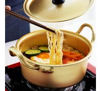 Korean Ramen Noodle Pot, Double Handle Design Yellow Aluminum Alloy Stockpot, Universal Instant Noodles Pot for Cooking on Stove Open Flame and Electric Ceramic Stoves (16cm)
