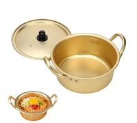 Korean Ramen Noodle Pot with Handles, 16cm Small Aluminum Everyday Pan Golden Induction Hob Cooking Pots Noodle Bowl Kitchen Cookware with Lid for Soup, Noodle, Pasta
