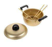Korean Ramen Noodle Pot with Lid, Double Handle Aluminum Soup | Direct Flame Heating, Even Heat Distribution, Stew and Soup Use, Golden Finish, Chopsticks and Spoon Included