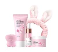 Korean Skin Care Set,Sakura Skincare Set for Teens 10-12, 5 PCS | Hydrating Routine with Gentle Cleanser,Serum,Cream Includes Pink Headband&Silicone Cleansing Brush,Gift Set for Teenage Girls